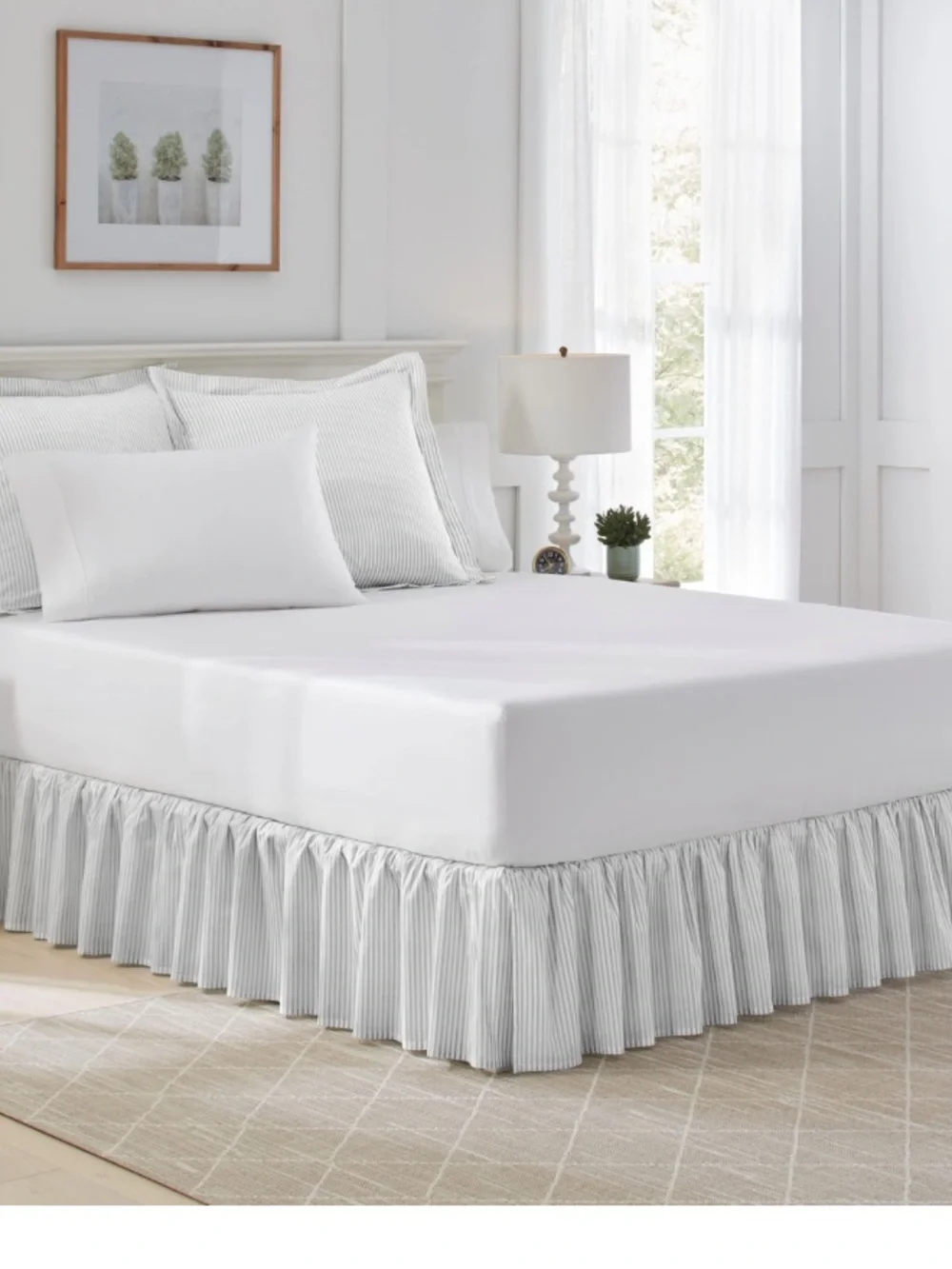 Laura Ashley TWIN Bed Skirt 100% Cotton 14.5” Drop - Ticking Stripe Gray